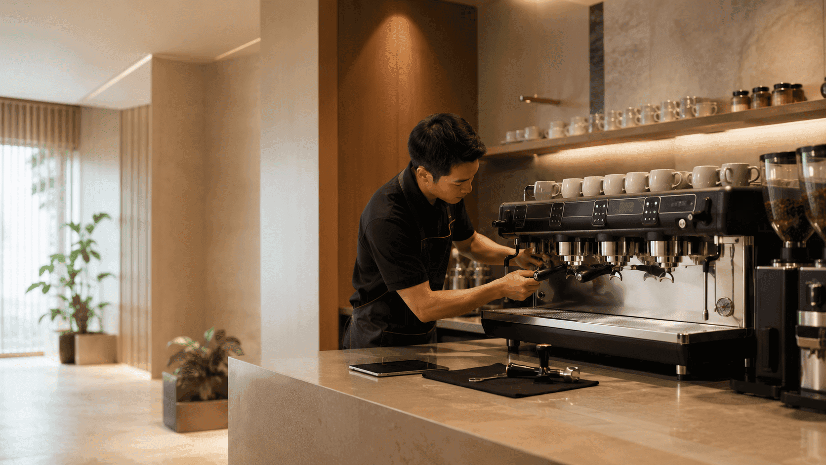 ทีมงานวางแผนบริการและระบบกาแฟสำหรับธุรกิจ